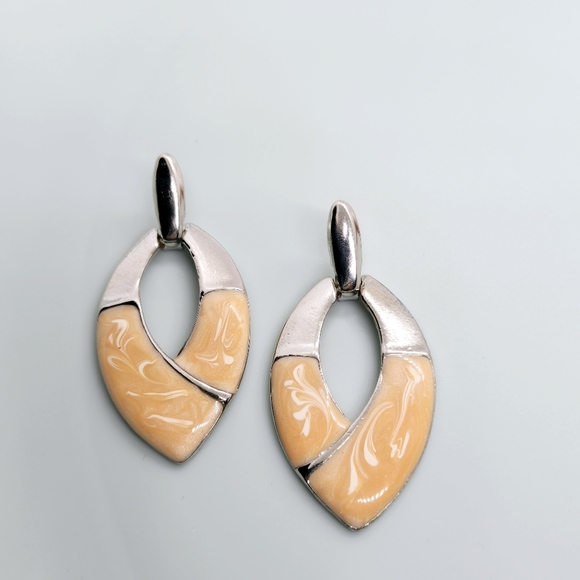 Vintage Silver Tone Orange ? Cream Color Enamel Earrings - Picture 10 of 16